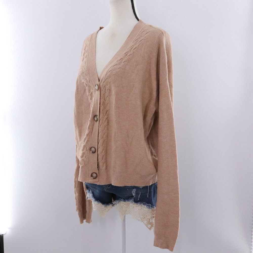 Cyrus Women's Tan Cable Knit Button Up V Neck Long Sleeve Cardigan Sweater XL